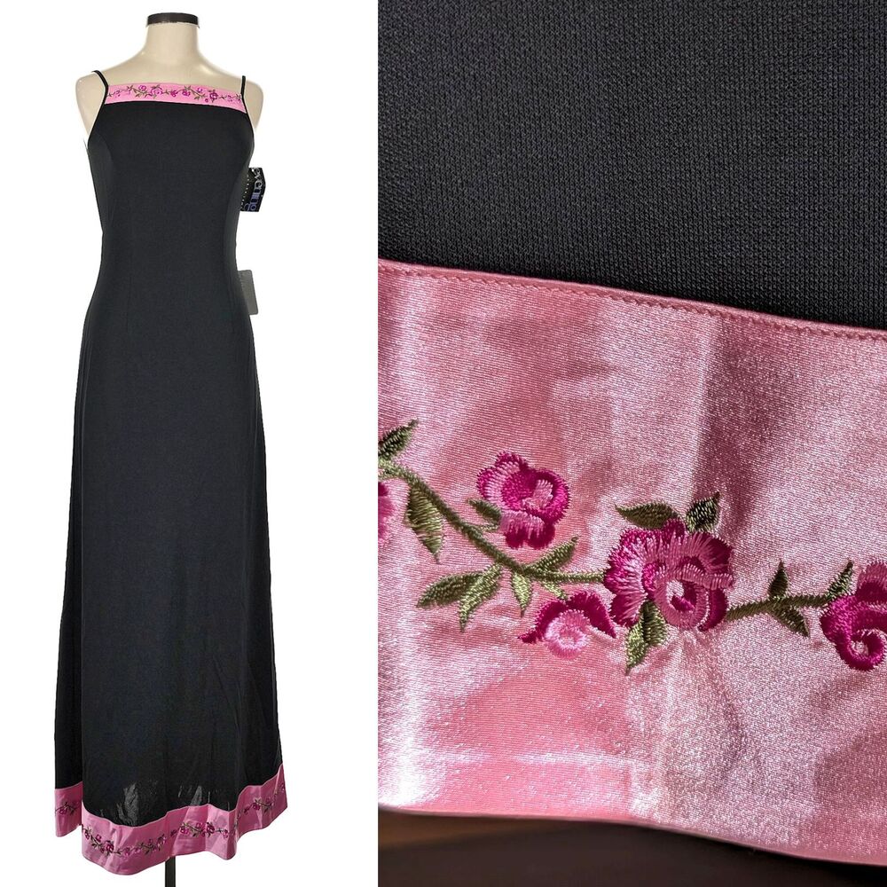 NWT Vintage 90s Papell Boutique Prom Gown Whimsygoth Satin Floral Embroidery 6 - Picture 4 of 14